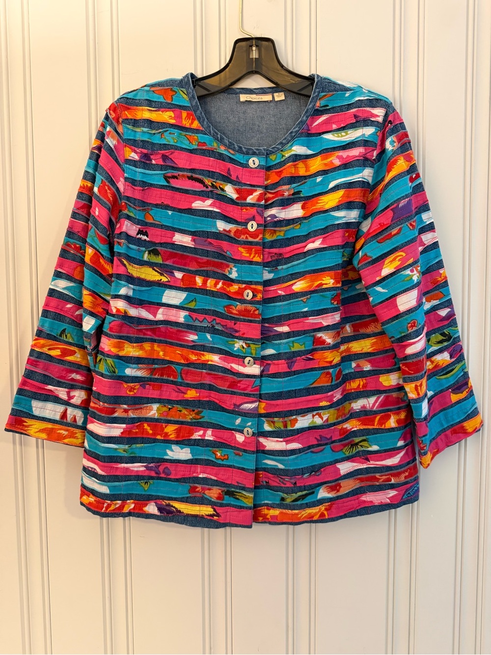 Choices Multicolor Striped Denim Button Jacket - Pink & Teal